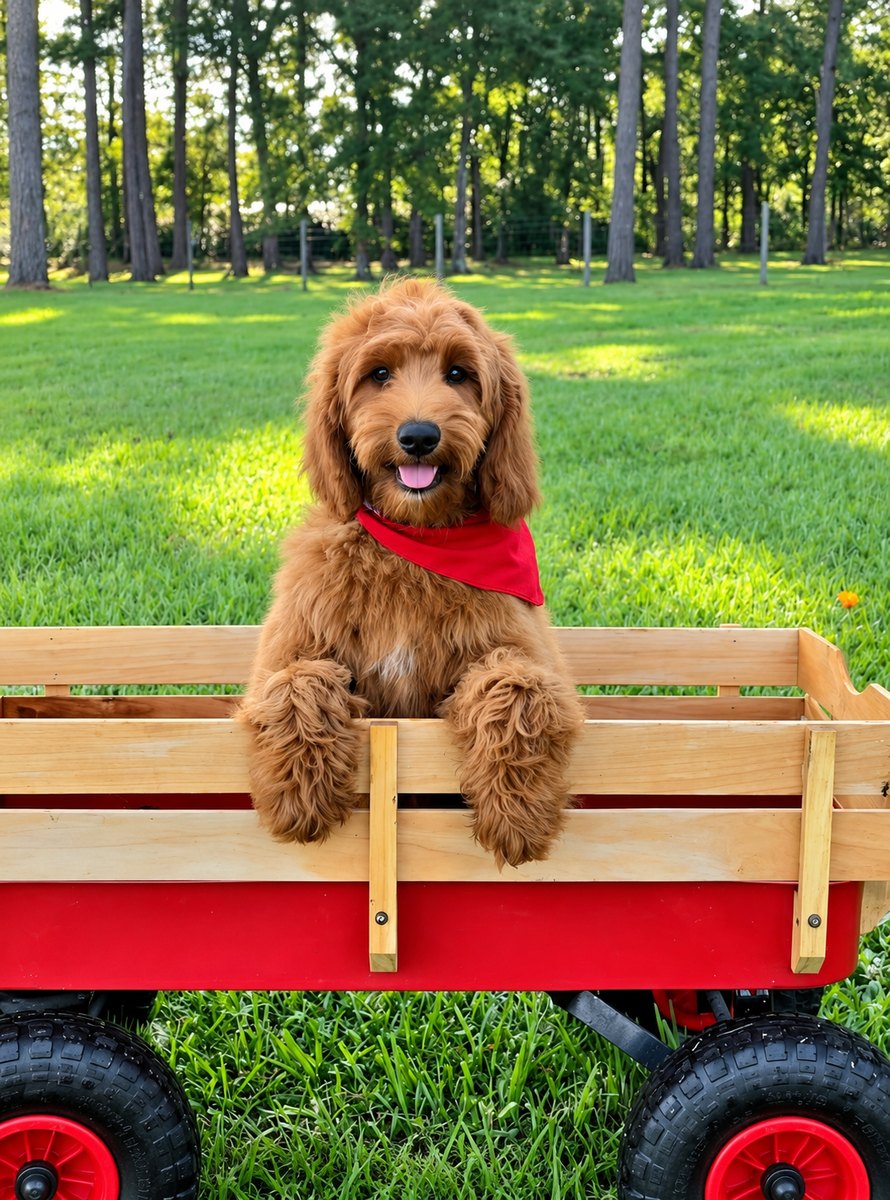 Bailey's Red Bow Boy, Multigen Medium Goldendoodle puppy from the Bailey x Teddy, Spring 2026 litter