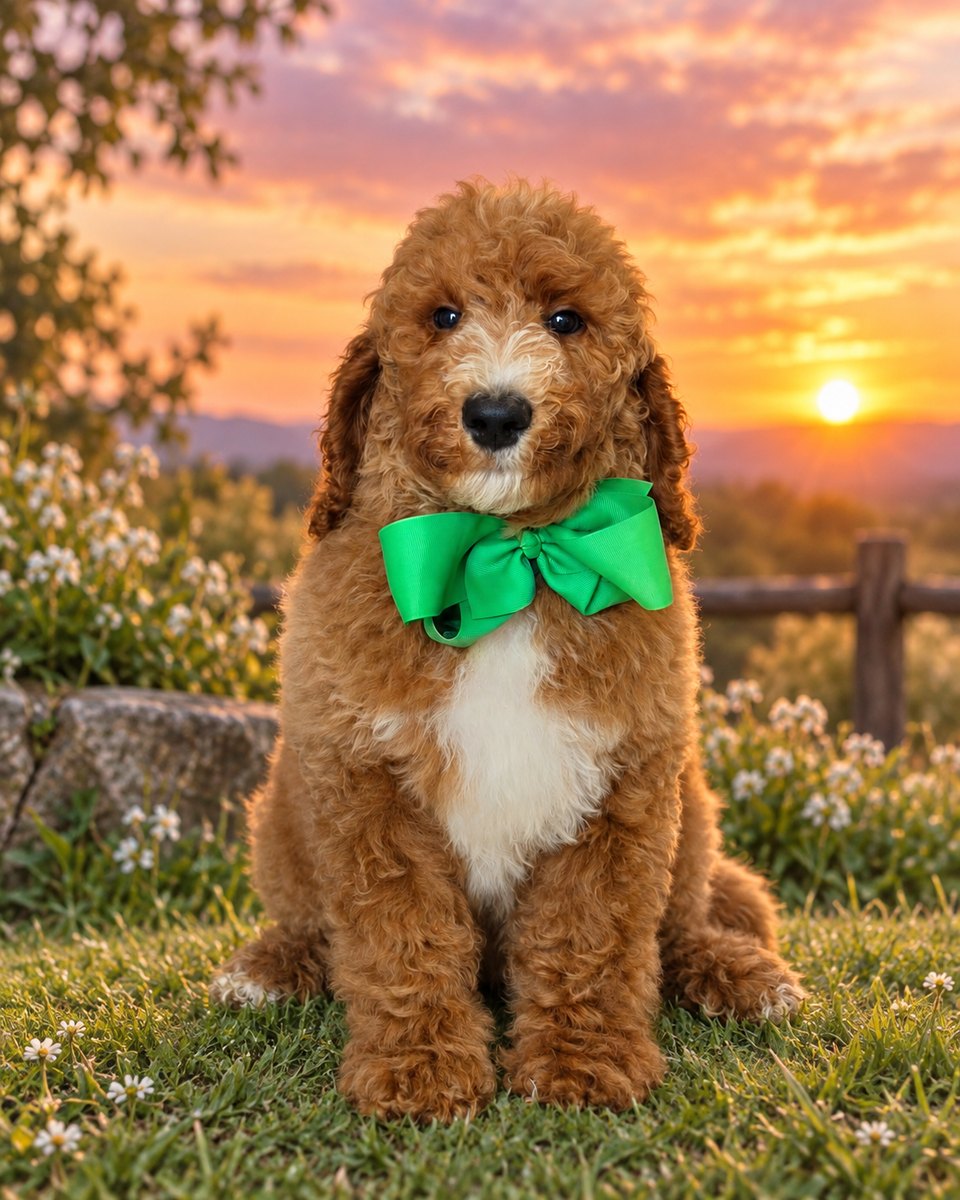 Charlie Rae's Green Bow Boy, Multigen Standard Goldendoodle puppy from the Charlie Rae x Ollie, Summer 2026 litter