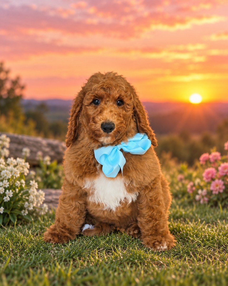 Charlie Rae's Light Blue Bow Boy, Multigen Standard Goldendoodle puppy from the Charlie Rae x Ollie, Summer 2026 litter