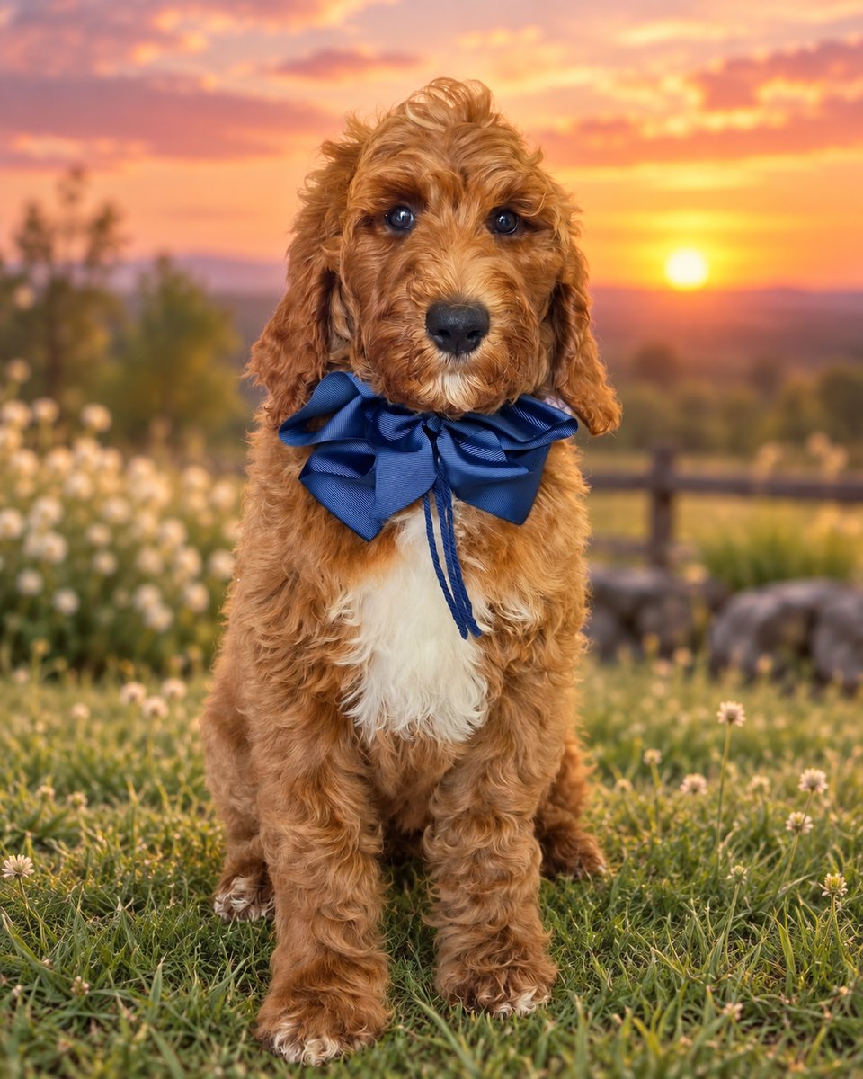 Charlie Rae's Navy Bow Boy, Multigen Standard Goldendoodle puppy from the Charlie Rae x Ollie, Summer 2026 litter