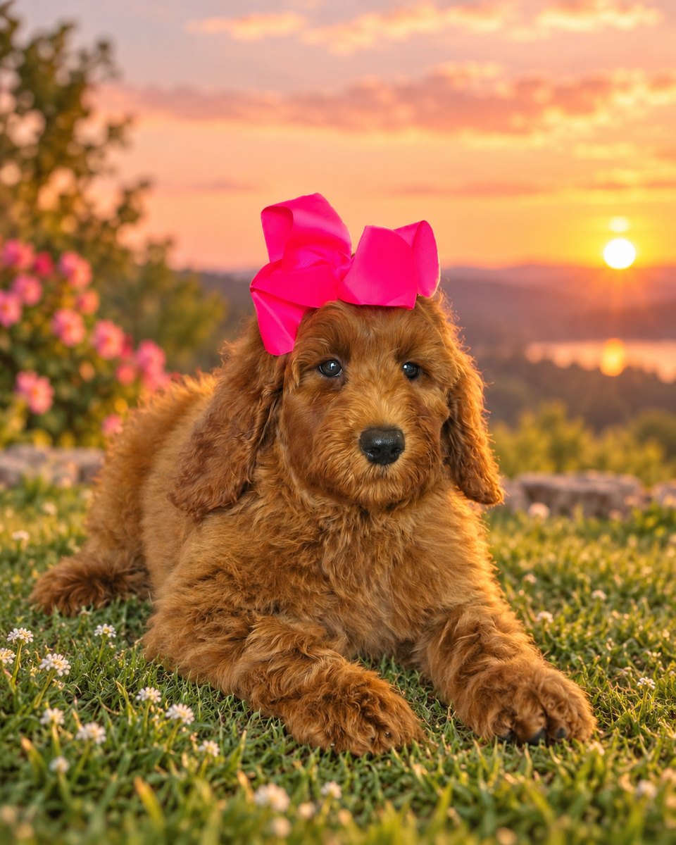 Charlie Rae's Pink Bow Girl, Multigen Standard Goldendoodle puppy from the Charlie Rae x Ollie, Summer 2026 litter