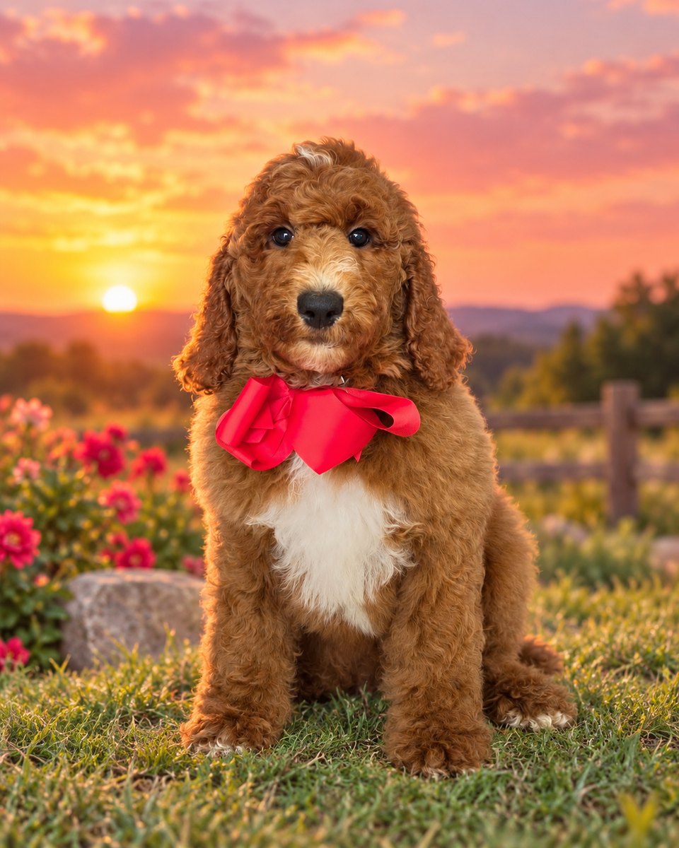 Charlie Rae's Red Bow Boy, Multigen Standard Goldendoodle puppy from the Charlie Rae x Ollie, Summer 2026 litter