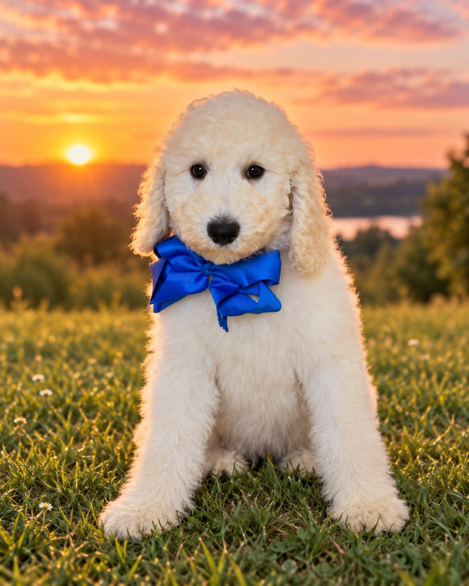 Maggie's Blue Bow Boy, Multigen Medium Goldendoodle puppy from the Maggie x Rowdy, Summer 2026 litter