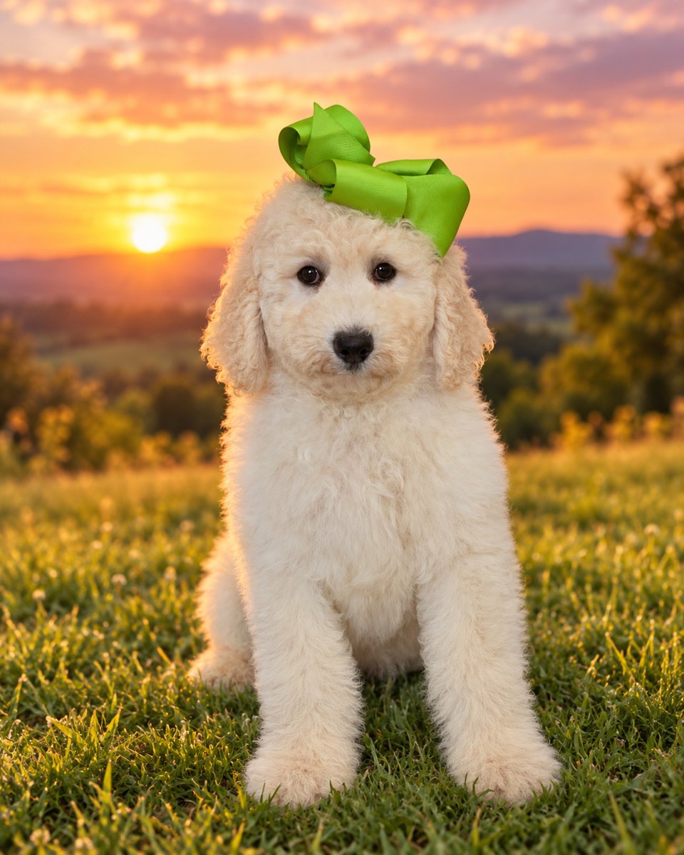 Maggie's Lime Bow Girl, Multigen Medium Goldendoodle puppy from the Maggie x Rowdy, Summer 2026 litter