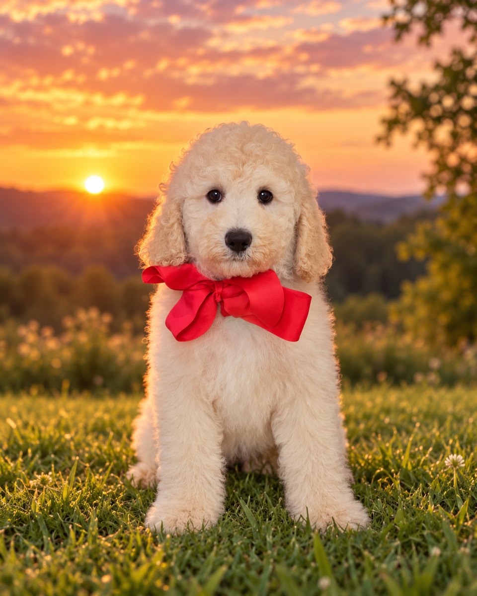 Maggie's Red Bow Boy, Multigen Medium Goldendoodle puppy from the Maggie x Rowdy, Summer 2026 litter