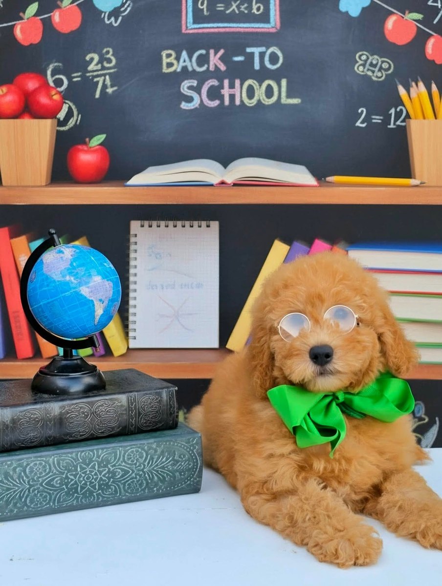 Millie's Green Bow Boy, F2B Miniature Goldendoodle puppy from the Millie x Teddy, Summer 2026 litter
